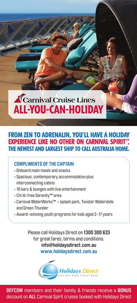 DEFCOM discounts on Carnival Cruises when booked with Holidays Direct