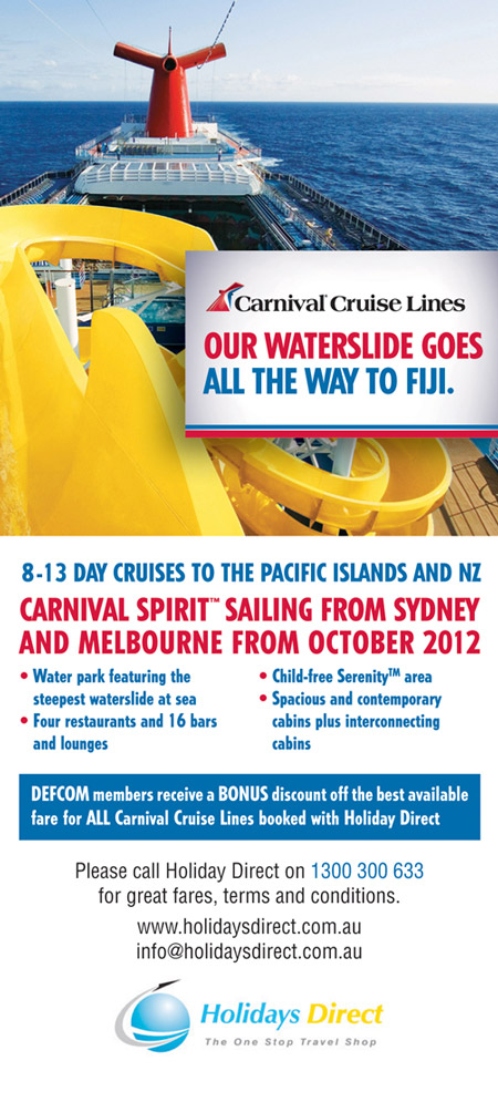 DEFCOM discount off every Carnival cruise booked with Holidays Direct