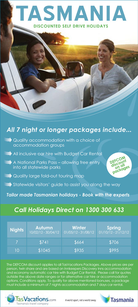 DEFCOM discounts off Tasmanian self drive holidays and escorted tours